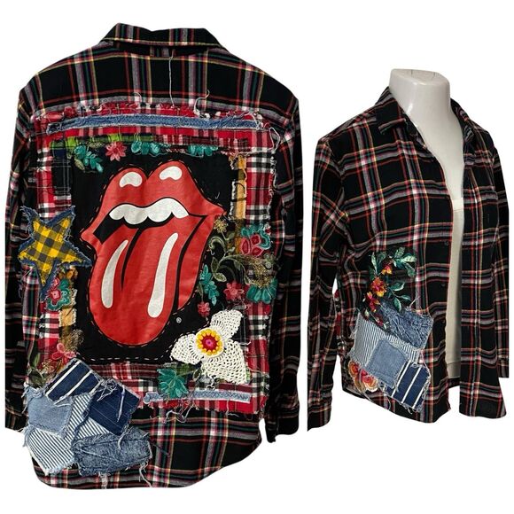 Upcycled Flannel Shirt Womens Large Lips Shacket Grunge Rock Concert Art - Picture 2 of 16